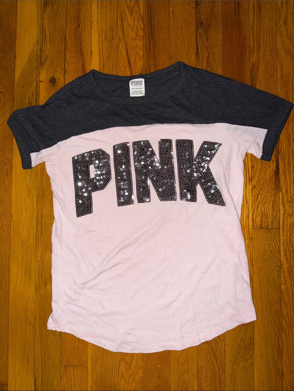 PINK Victoria's Secret Light Pink Tee with Dark Gray & Sequin PINK Logo